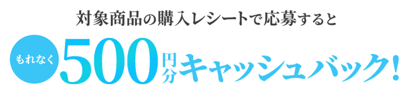 対象商品の購入レシートで応募するともれなく５００円分キャッシュバック！